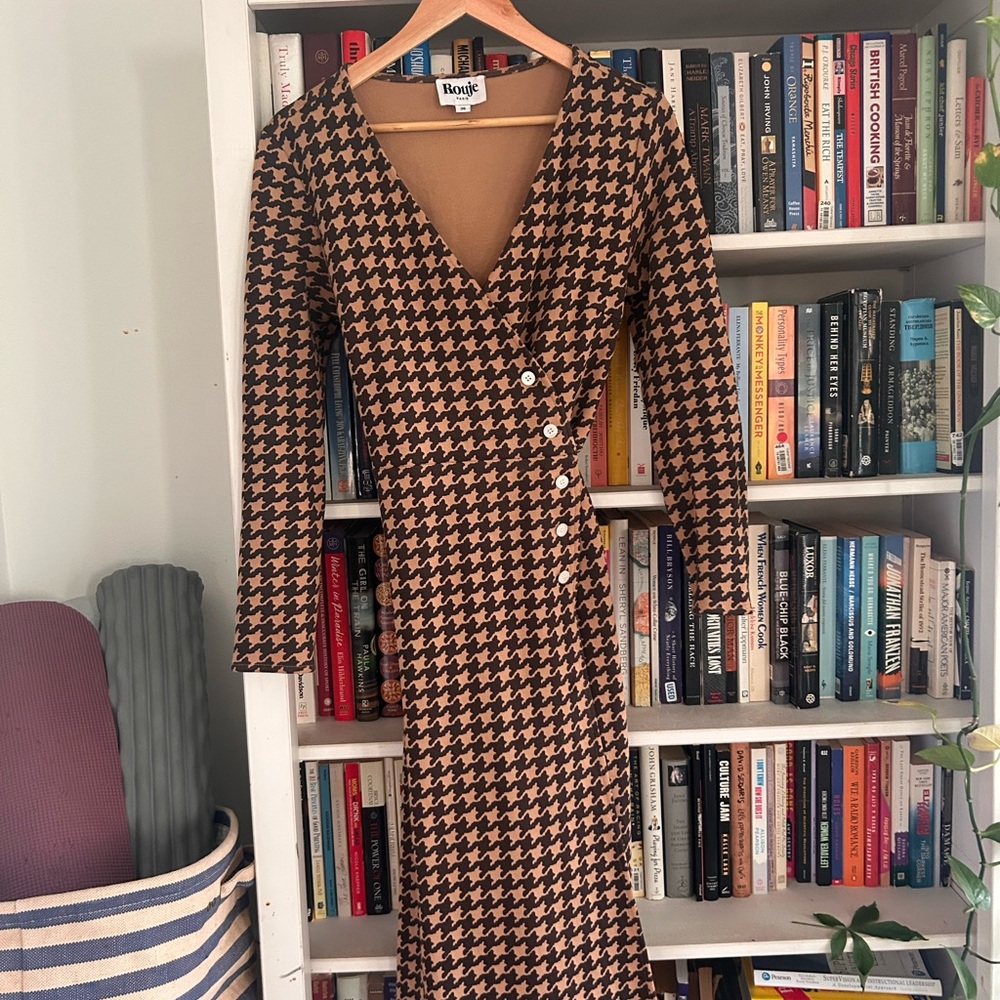 Rouje Brown and Cream Wrap Tie Front Sheath Dress